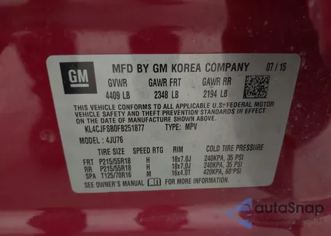 2015 Buick Encore Convenience из США, поврежденный, VIN KL4CJFSB0FB251877